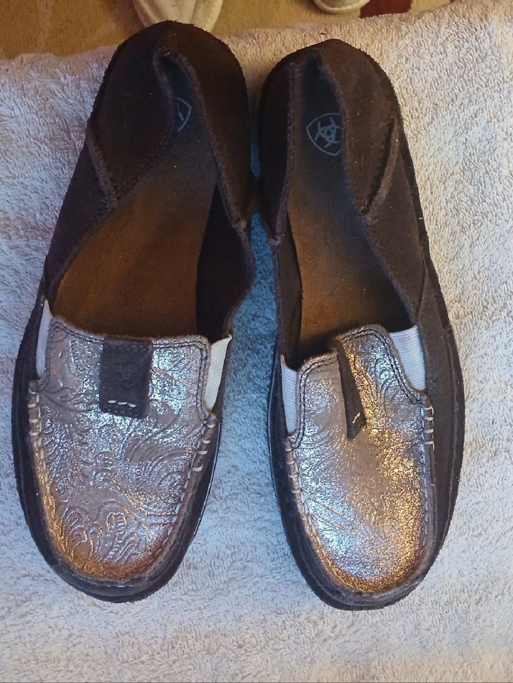Ariat Metallic Embossed Brown Suede Slip-On Loafers